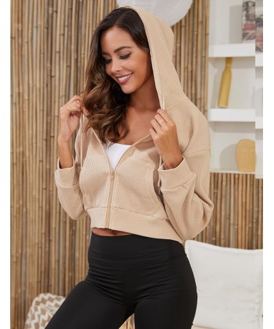 Cropped Zip Up Hoodie for Women Waffle Knit Vintage cropped Sweatshirt Casual Long Sleeve Hooded crop jacket Khaki $23.65 Hoo...