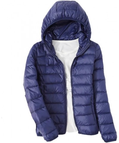 Thin Down Jacket Women Autumn Winter Slim Short Hooded Warm White Duck Down Coat Navy Blue Hooded $20.86 Jackets