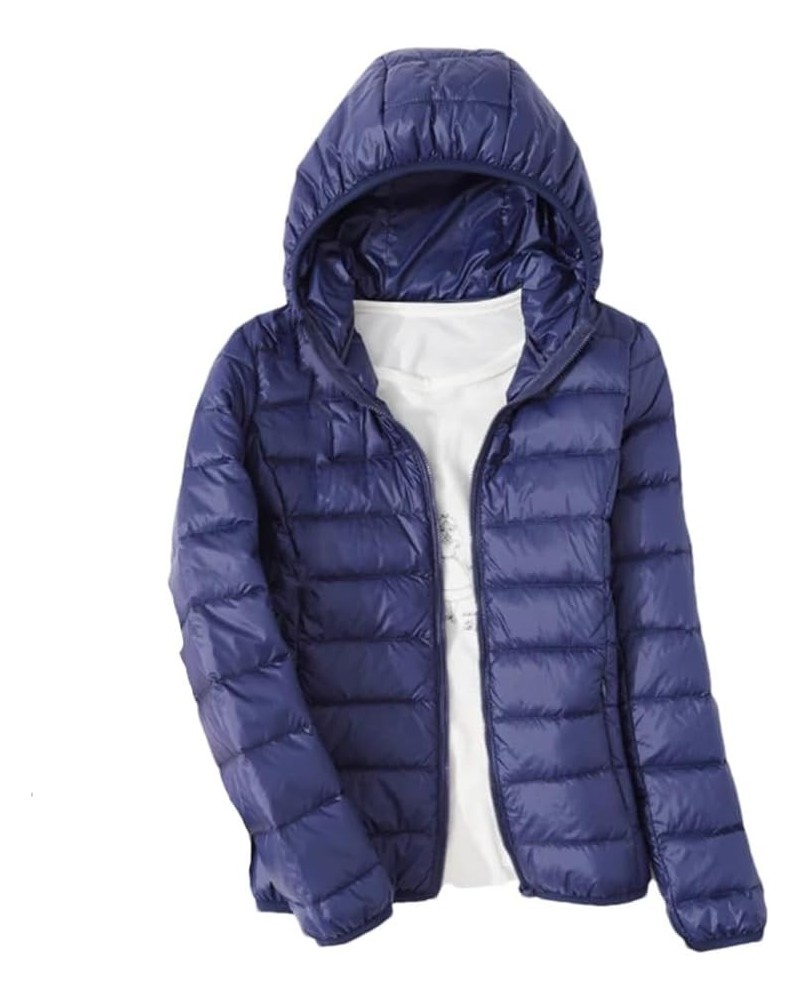 Thin Down Jacket Women Autumn Winter Slim Short Hooded Warm White Duck Down Coat Navy Blue Hooded $20.86 Jackets