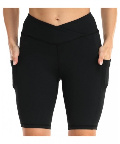 Womens Running Athletic Biker Shorts with Pockets Cross Waist Plus Size Hiking Lounge Summer Casual 8 Cross Waist Black $10.5...