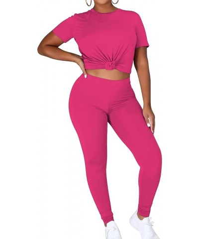 Women Two Piece Workout Outfits Sports Long-Pants & Short-Top Sets Bl Rose $11.75 Activewear