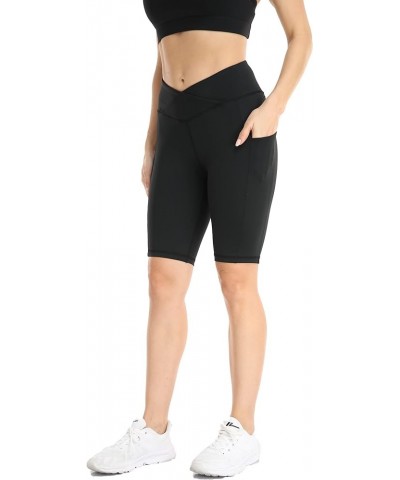 Womens Running Athletic Biker Shorts with Pockets Cross Waist Plus Size Hiking Lounge Summer Casual 8 Cross Waist Black $10.5...