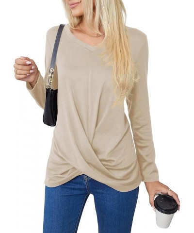 Women's Long Sleeve Tops 2024 Fall Winter Fashion Tunics Casual Front Twist T-Shirt V Neck Tunics Tops Beige $12.24 Tops