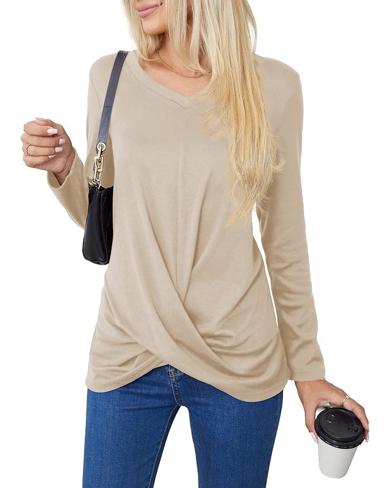 Women's Long Sleeve Tops 2024 Fall Winter Fashion Tunics Casual Front Twist T-Shirt V Neck Tunics Tops Beige $12.24 Tops