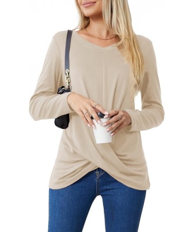 Women's Long Sleeve Tops 2024 Fall Winter Fashion Tunics Casual Front Twist T-Shirt V Neck Tunics Tops Beige $12.24 Tops