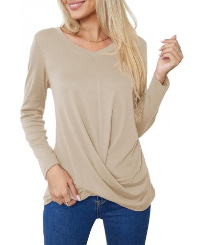 Women's Long Sleeve Tops 2024 Fall Winter Fashion Tunics Casual Front Twist T-Shirt V Neck Tunics Tops Beige $12.24 Tops