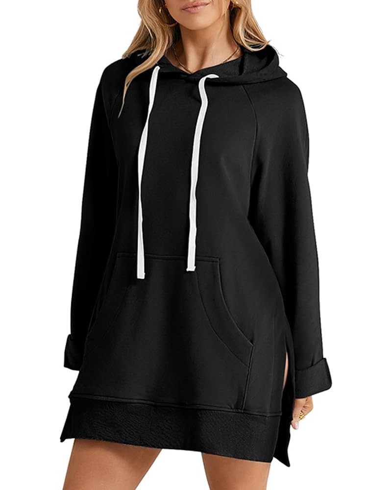 The Warmy Oversized Hoodie Dress, First Ones Oversized Hoodies, Women's Casual Pullover Long Sleeve Split Hem Black $17.63 Ho...