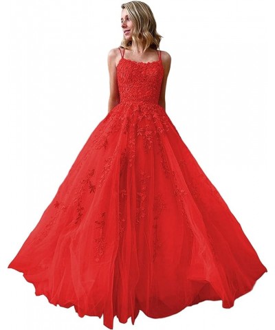 Prom Dresses Long Ball Gown for Women Spaghetti Straps Tulle A-Line Sexy Backless Formal Party Gowns with Pockets Red $49.39 ...