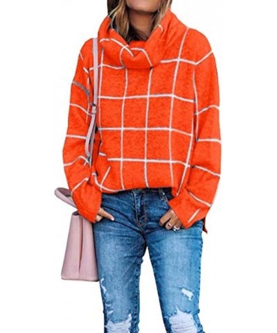 Women?s Turtleneck Knit Sweater Long Sleeves Pullover Plaid Side Split Checked Outwear Loose Fit Tops Orange $14.26 Sweaters