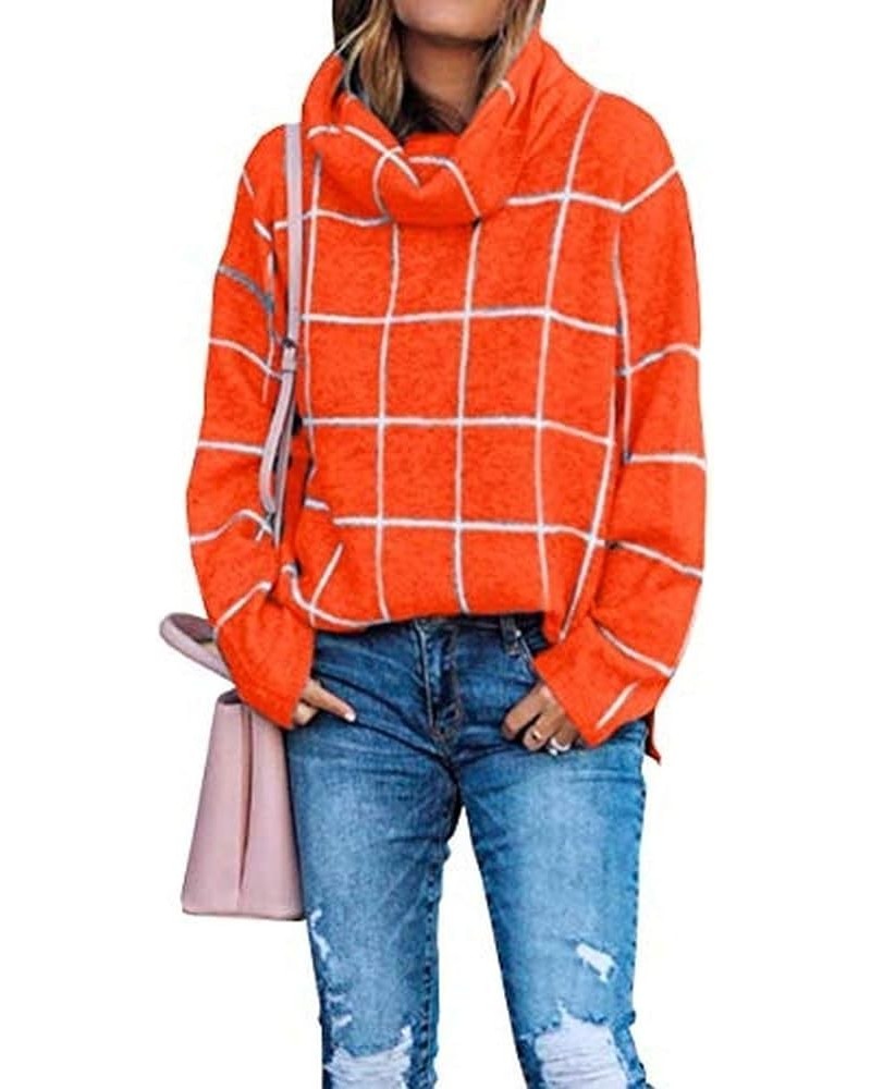 Women?s Turtleneck Knit Sweater Long Sleeves Pullover Plaid Side Split Checked Outwear Loose Fit Tops Orange $14.26 Sweaters