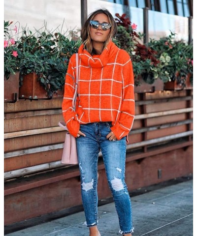 Women?s Turtleneck Knit Sweater Long Sleeves Pullover Plaid Side Split Checked Outwear Loose Fit Tops Orange $14.26 Sweaters