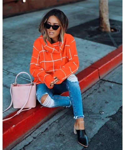 Women?s Turtleneck Knit Sweater Long Sleeves Pullover Plaid Side Split Checked Outwear Loose Fit Tops Orange $14.26 Sweaters