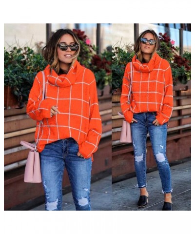 Women?s Turtleneck Knit Sweater Long Sleeves Pullover Plaid Side Split Checked Outwear Loose Fit Tops Orange $14.26 Sweaters