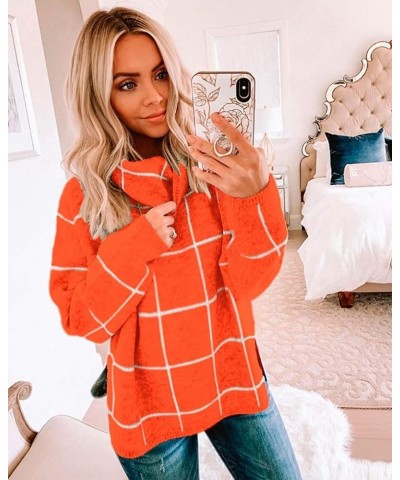 Women?s Turtleneck Knit Sweater Long Sleeves Pullover Plaid Side Split Checked Outwear Loose Fit Tops Orange $14.26 Sweaters