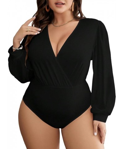 Women's Plus Size Wrap Surplice Deep V Neck Bishop Long Sleeve Bodysuit Tops Black $14.26 Bodysuits