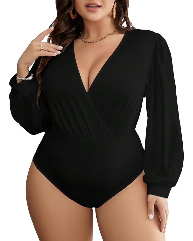 Women's Plus Size Wrap Surplice Deep V Neck Bishop Long Sleeve Bodysuit Tops Black $14.26 Bodysuits