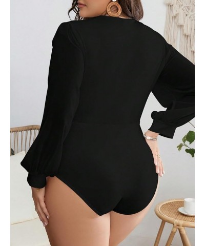 Women's Plus Size Wrap Surplice Deep V Neck Bishop Long Sleeve Bodysuit Tops Black $14.26 Bodysuits