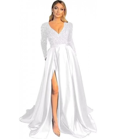 Sparkly Sequin Prom Dresses V Neck Long Sleeve Bridesmaids Dress High Slit with Pockets Formal Evening Party Gowns White $35....