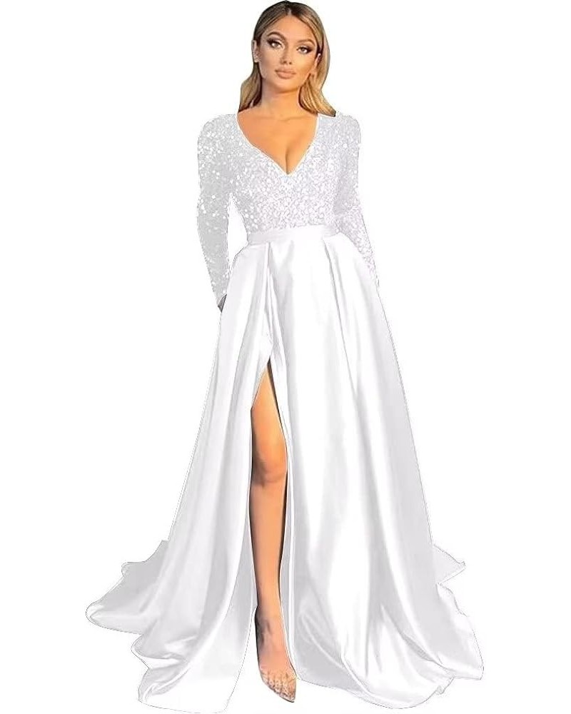 Sparkly Sequin Prom Dresses V Neck Long Sleeve Bridesmaids Dress High Slit with Pockets Formal Evening Party Gowns White $35....