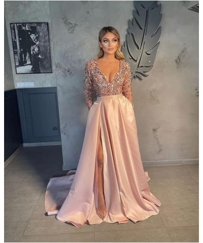 Sparkly Sequin Prom Dresses V Neck Long Sleeve Bridesmaids Dress High Slit with Pockets Formal Evening Party Gowns White $35....