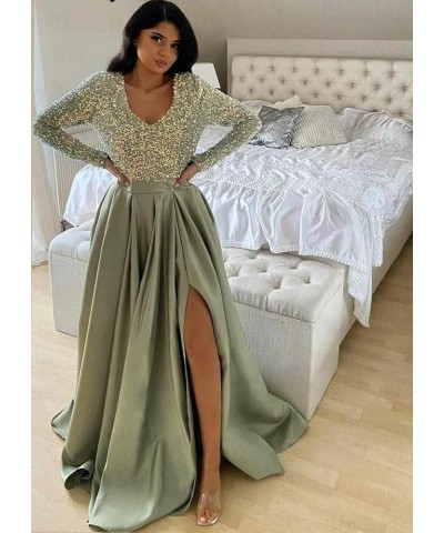 Sparkly Sequin Prom Dresses V Neck Long Sleeve Bridesmaids Dress High Slit with Pockets Formal Evening Party Gowns White $35....