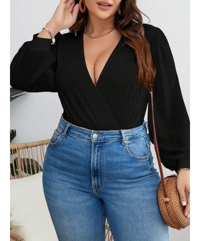 Women's Plus Size Wrap Surplice Deep V Neck Bishop Long Sleeve Bodysuit Tops Black $14.26 Bodysuits