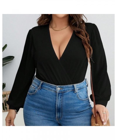 Women's Plus Size Wrap Surplice Deep V Neck Bishop Long Sleeve Bodysuit Tops Black $14.26 Bodysuits