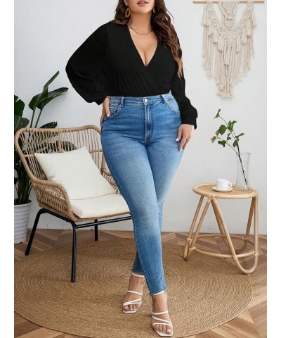 Women's Plus Size Wrap Surplice Deep V Neck Bishop Long Sleeve Bodysuit Tops Black $14.26 Bodysuits