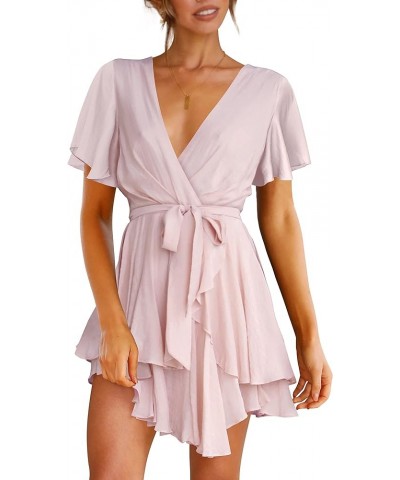 Women's Dress Deep V-Neck Long Sleeve Waist Tie Ruffle Mini Swing Skater Dresses Light Pink $26.99 Dresses