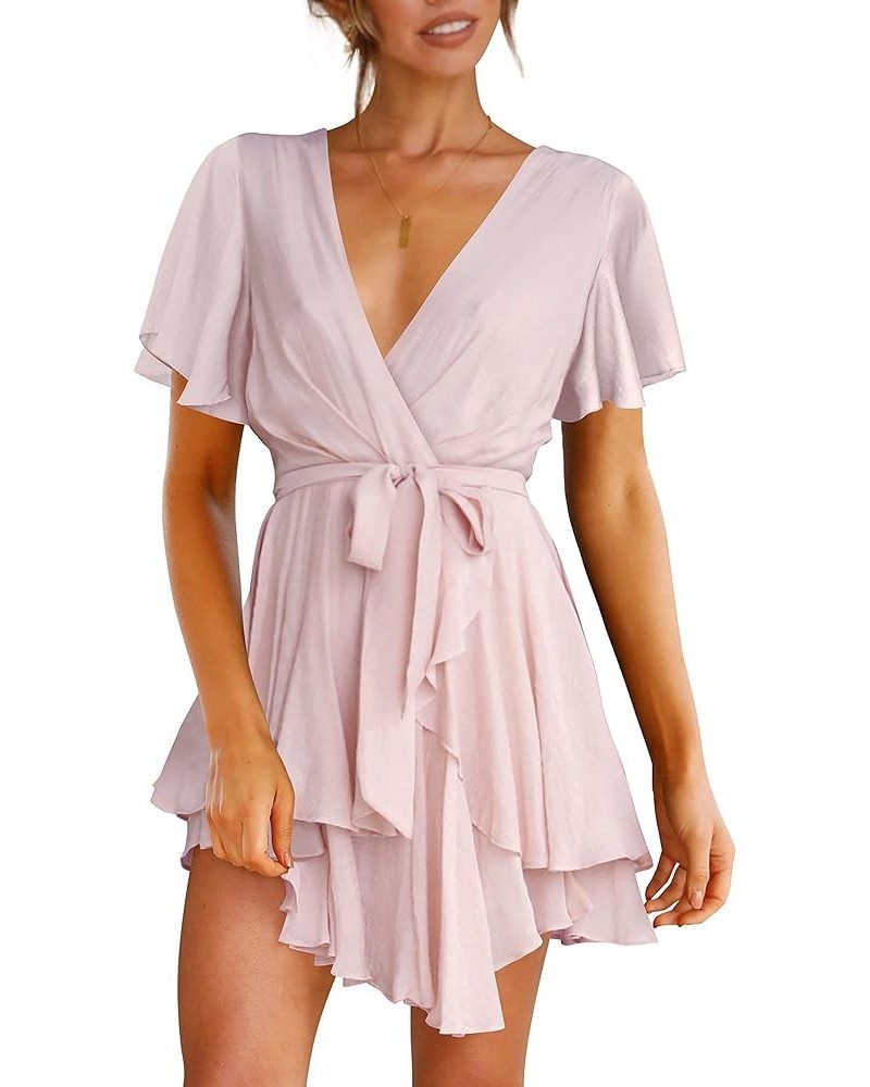 Women's Dress Deep V-Neck Long Sleeve Waist Tie Ruffle Mini Swing Skater Dresses Light Pink $26.99 Dresses