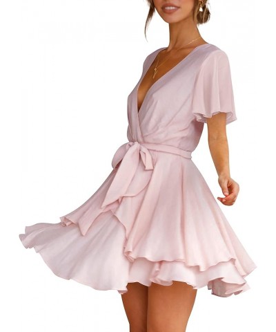 Women's Dress Deep V-Neck Long Sleeve Waist Tie Ruffle Mini Swing Skater Dresses Light Pink $26.99 Dresses