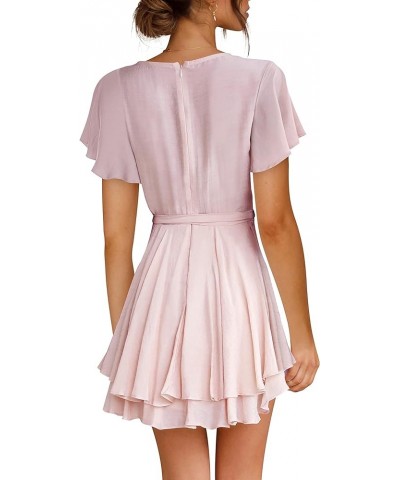 Women's Dress Deep V-Neck Long Sleeve Waist Tie Ruffle Mini Swing Skater Dresses Light Pink $26.99 Dresses