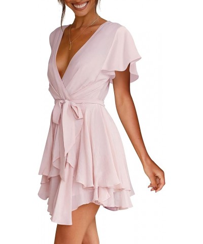 Women's Dress Deep V-Neck Long Sleeve Waist Tie Ruffle Mini Swing Skater Dresses Light Pink $26.99 Dresses