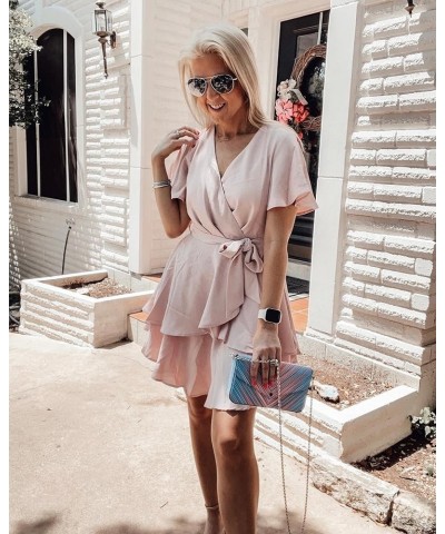 Women's Dress Deep V-Neck Long Sleeve Waist Tie Ruffle Mini Swing Skater Dresses Light Pink $26.99 Dresses