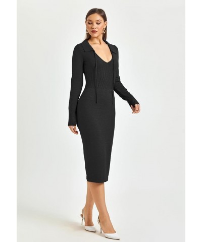 Women's 2024 Long Sleeve Ribbed Knit Sweater Dress V Neck Casual Bodycon Midi Dresses Black $23.76 Sweaters