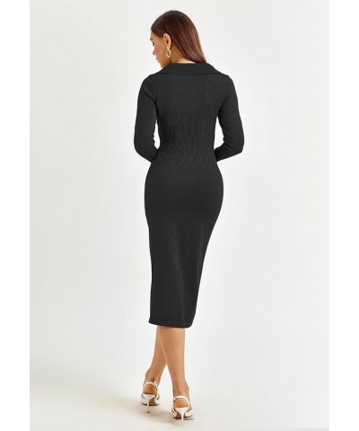 Women's 2024 Long Sleeve Ribbed Knit Sweater Dress V Neck Casual Bodycon Midi Dresses Black $23.76 Sweaters