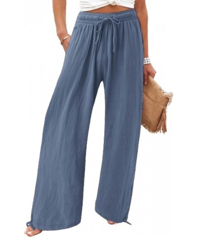 Flowy Wide Leg Linen Pants for Womens High Waisted Palazzo Pants Casual Loose Fit Long Pants with Drawstring Style16-grey Blu...