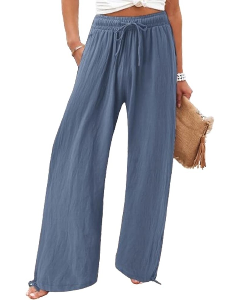 Flowy Wide Leg Linen Pants for Womens High Waisted Palazzo Pants Casual Loose Fit Long Pants with Drawstring Style16-grey Blu...