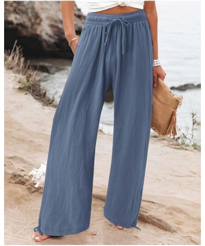 Flowy Wide Leg Linen Pants for Womens High Waisted Palazzo Pants Casual Loose Fit Long Pants with Drawstring Style16-grey Blu...