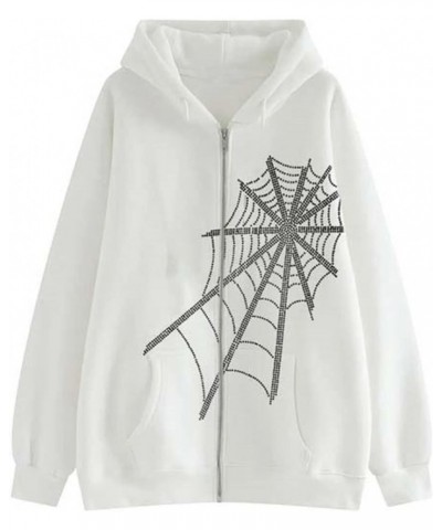 Women Y2k Rhinestone Hoodie Skull Skeleton Oversized Jacket Graphic Zip Up Hooded Sweatshirt Punk Grunge Pullover Q-white $15...