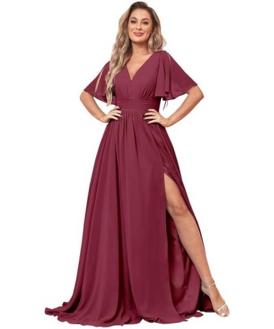 Ruffle Sleeve Bridesmaid Dresses for Wedding Long Chiffon V Neck Pleated Formal Dresses with Slit Floor Length Desert Rose $3...