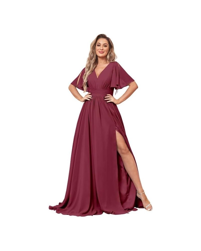 Ruffle Sleeve Bridesmaid Dresses for Wedding Long Chiffon V Neck Pleated Formal Dresses with Slit Floor Length Desert Rose $3...