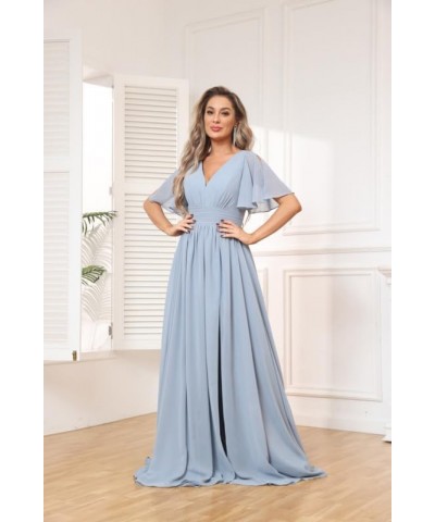 Ruffle Sleeve Bridesmaid Dresses for Wedding Long Chiffon V Neck Pleated Formal Dresses with Slit Floor Length Desert Rose $3...