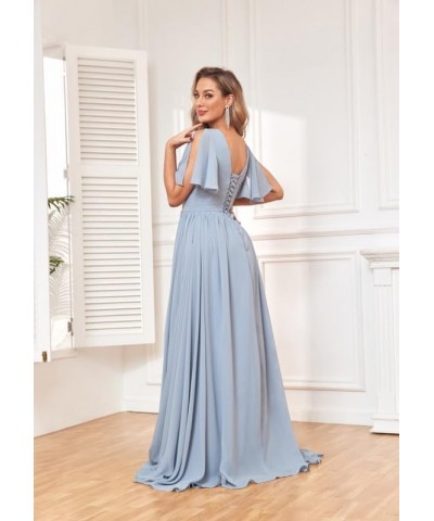 Ruffle Sleeve Bridesmaid Dresses for Wedding Long Chiffon V Neck Pleated Formal Dresses with Slit Floor Length Desert Rose $3...