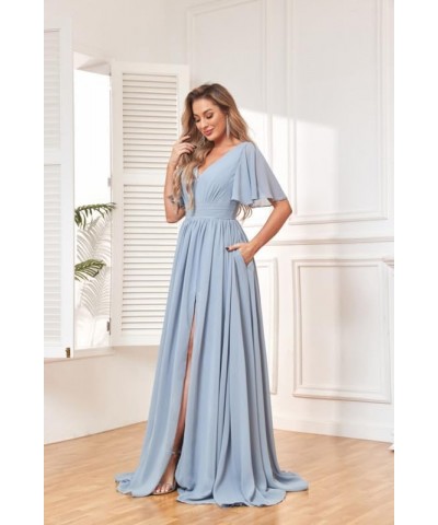 Ruffle Sleeve Bridesmaid Dresses for Wedding Long Chiffon V Neck Pleated Formal Dresses with Slit Floor Length Desert Rose $3...