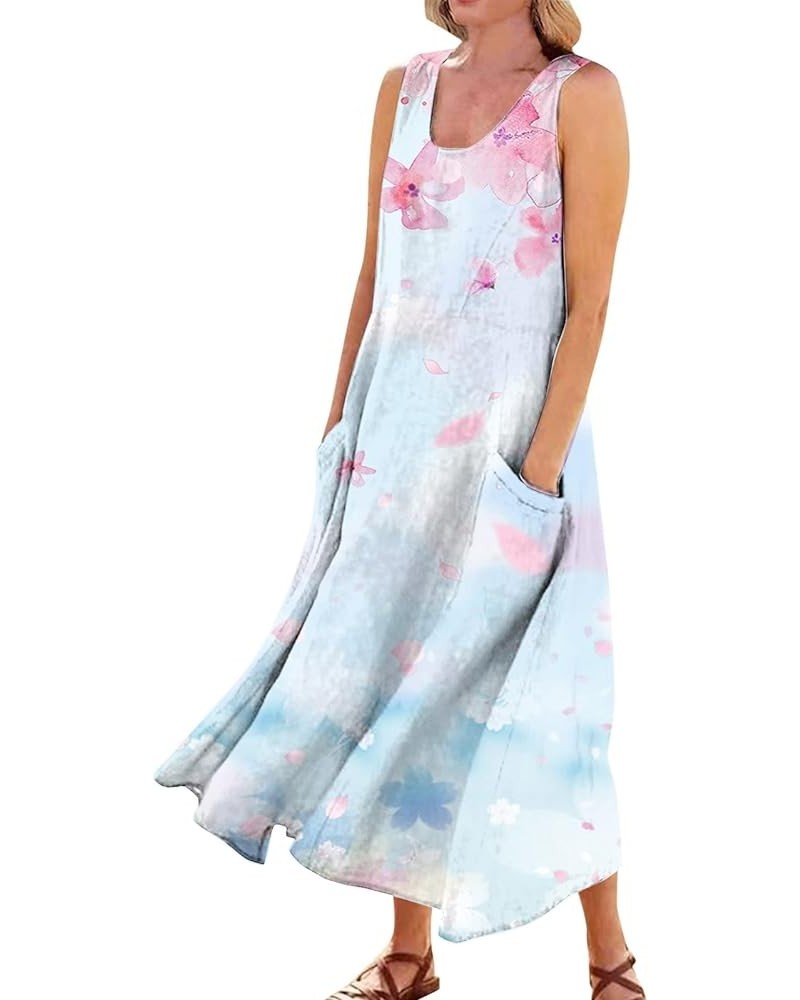 Plus Size Summer Maxi Dress with Pockets for Women 2023 Loose Casual Swing Cotton Sleeveless Print Sun Dress A80 - Pink $11.8...