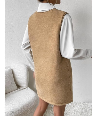 Women's V Neck Sleeveless Knitted Solid Short Sweater Dress with Pockets Pure Khaki $18.90 Sweaters