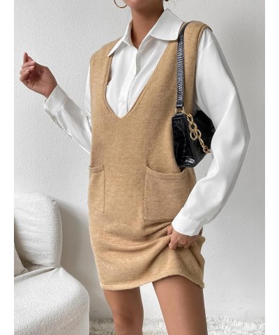 Women's V Neck Sleeveless Knitted Solid Short Sweater Dress with Pockets Pure Khaki $18.90 Sweaters