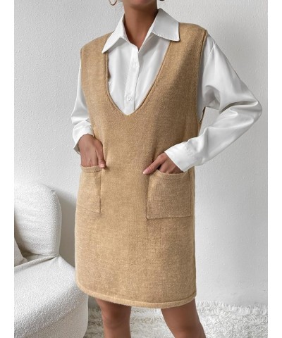 Women's V Neck Sleeveless Knitted Solid Short Sweater Dress with Pockets Pure Khaki $18.90 Sweaters