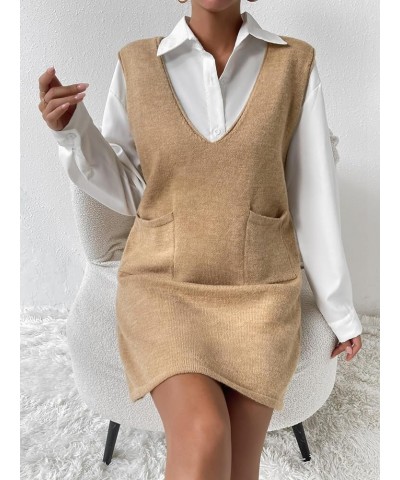 Women's V Neck Sleeveless Knitted Solid Short Sweater Dress with Pockets Pure Khaki $18.90 Sweaters